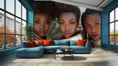 Group of three black women wearing retro science fiction vintage costumes Wall mural