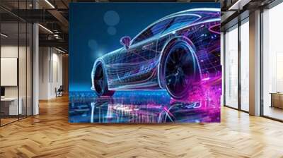 Holographic car design concept on dark background Wall mural