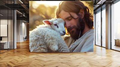 Jesus Christ holding a little lamb of Easter holiday concept Wall mural