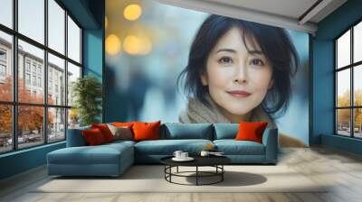 Middle-aged Japanese woman with casual attire and a confident look. Wall mural