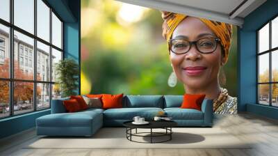 Middle-aged South African woman with casual attire and a friendly look. Wall mural