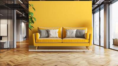 Modern living room with TV on yellow wall and wooden plate over cabinet. Wall mural