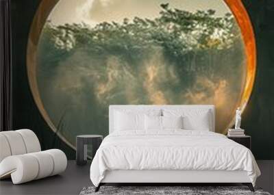 Person meditating looking out circular window. Wall mural