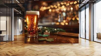 Pint of beer on bar with festive clovers and lights Wall mural