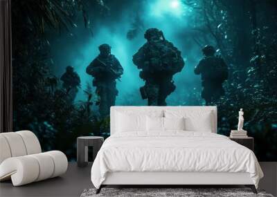 Soldiers conducting a night patrol in a jungle, 4K hyperrealistic photo Wall mural