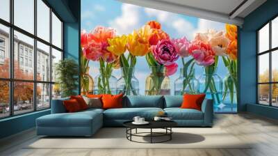 still life of fresh colorful spring flowers in glass vases on mirror with sky Wall mural