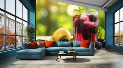 Summer healthy drink. Blackberries lemonade with berries, lemon, mint and ice cubes in transparent glass on table on blurred garden background. Healthy refreshing beverage. Wall mural