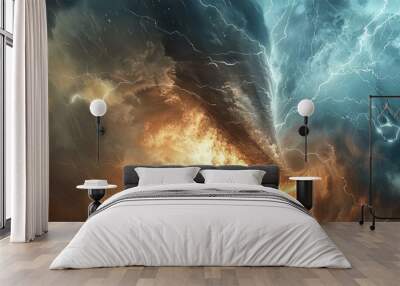 Tornado swirling amidst dramatic lightning, 4K hyperrealistic photo Wall mural