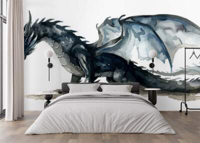 Watercolor black dragon illustration isolated on white background. Dark Fairy tale dragons Wall mural