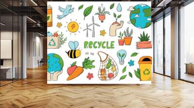 Set of Ecological Sustainability doodles, environment cartoon elements isolated on white background. Ecology doodles. EPS 10 Wall mural