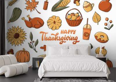 set of thanksgiving doodles and quote isolated on white background. Good for stickers, labels, prints, signs, planners and organizers. EPS 10 Wall mural