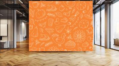 Thanksgiving and autumn monochrome seamless pattern with doodles on orange background for wallpaper, prints, wrapping paper, textile, etc. EPS 10 Wall mural