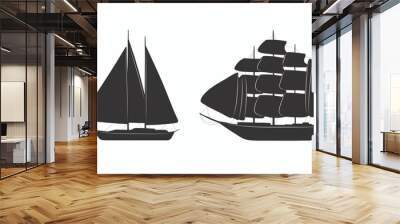 Silhouette of a black four-masted ship with sails and a three-masted yacht with sails on a white isolated background. Ships and yachts. Stickers, badges and individual elements. Vector illustration. Wall mural