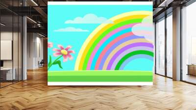 The sun and a multi colored rainbow with two clouds, grass and three pink flowers on a blue sky background. Label for pencils and markers. Cartoon landscape. For children. Vector illustration. Wall mural