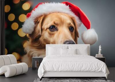 golden retriever in santa hat Wall mural