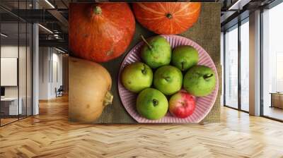 Still life orange yellow pumpkins butternut squash and red green pears, autumn farm harvest on retro canvas and pink plate. Autumn fall atmospheric dark harvest still life on black background Wall mural