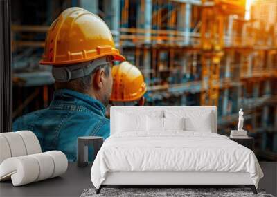 Two tradesmen in orange hard hats observing construction site Wall mural