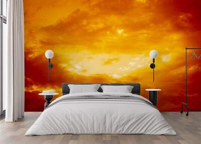  Dark red yellow orange sky with clouds. Gloomy dramatic skies. Background with space for design. Storm. Lightning fire.  Bright flash. Explosion in the sky. Horror, scary, creepy concept.       Wall mural