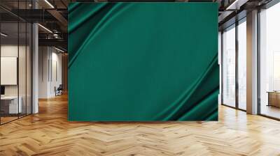 Dark teal green silk satin. Shiny smooth fabric. Soft folds. Luxury background with space for design. web banner. Flat lay, top view table. Birthday, Christmas, Valentine, New year. Wall mural