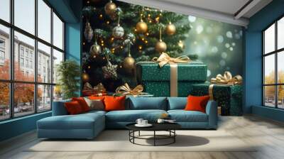 Gifts in green wrapping with gold ribbon under the Christmas tree Wall mural