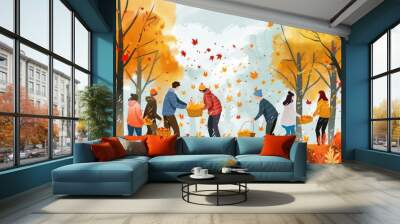 Autumn harvest season, farmers working, golden fields, abundance, rich produce Wall mural