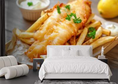 Classic fish and chips served hot with lemon, tartar sauce, and a side of crispy fries. Wall mural