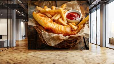 Delicious fish and chips with a crispy texture, served with lemon and dipping sauce. Wall mural