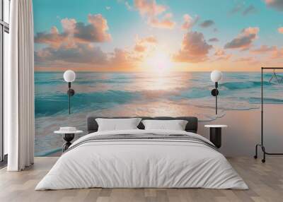 ocean and beach with sunrise in the background, in the style of pop inspo, Wall mural