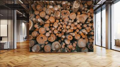 storage of wooden round tree cut for building and firewood, log house . High quality photo Wall mural