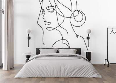 Modern Trendy Line Art Drawing of Woman Face Female Line Art Vector Illustration for Wall Decor, Spa, T-shirt, Print, Poster. Female Body Creative Drawing in Modern Linear Style Wall mural