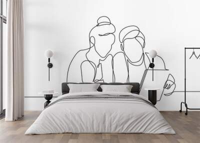 Woman and Man Working Together Line Art Drawing. Coworking Minimalistic Black Lines Drawing on White Background. Continuous One Line Abstract Drawing. Peoples Modern Design. Vector EPS 10 Wall mural