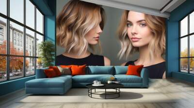 A chic and modern lob (long bob) styled with textured waves and subtle highlights Generative AI Wall mural