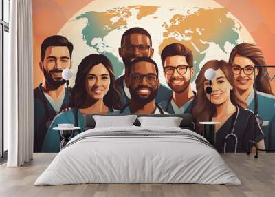 A diverse group of people, young and old, standing together with a world globe, celebrating diversity in healthcare Wall mural