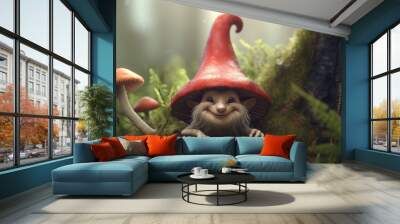 A mischievous gnome peeking out from behind a toadstool, wearing a pointy hat Generative AI Wall mural