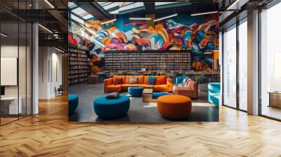 A modern urban library with a vibrant mural, hanging chairs, and a lively atmosphere  Wall mural