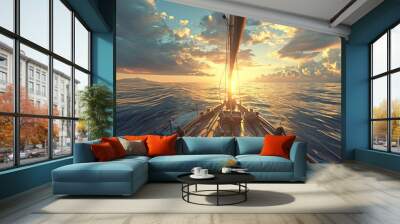 An immersive image of a sailor steering the ship through a calm and expansive ocean, with the sunlight casting a warm glow on the sailor's face and the surrounding seascape, creati Wall mural