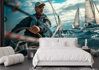 An immersive photograph capturing a sailor steering a sleek yacht through a regatta, with other boats in the background and the sailor's focused expression highlighting the competi Wall mural