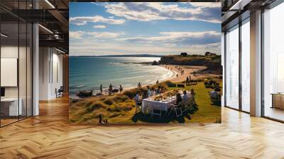 Beach BBQ: A sunny beach landscape with friends and family enjoying a barbecue on Australia Day Wall mural