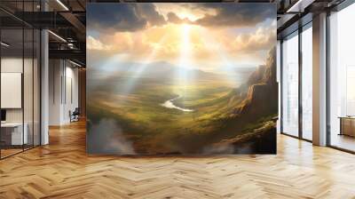 Sunlight filtering through gaps in the clouds, casting ethereal rays across the landscape Generative AI Wall mural