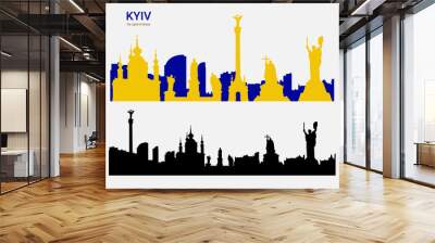 Silhouette of the city of Kyiv, the main monuments. Black silhouette and yellow-blue silhouette of Kyiv. Symbol of Kyiv. Vector illustration Wall mural