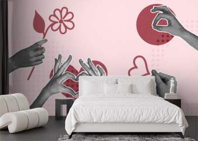 Modern halftone collage. Human hand and red heart. Concept of love, support, compassion, care Wall mural