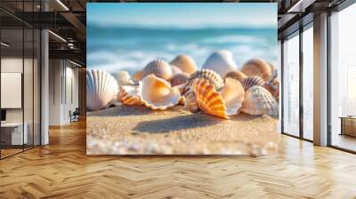 Close-up of many small seashells on a sandy beach against the background of the ocean ,the concept of tourism,travel,beach holidays,spa industry,relaxation Wall mural