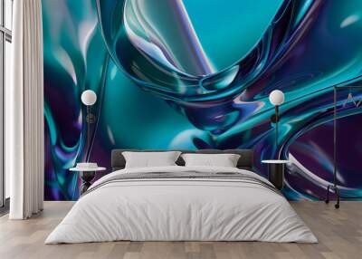 dynamic abstract in turquoise and purple tones liquid metal texture, perfect for backgrounds in design projects, luxury branding, or adding an artistic touch to technology presentations Wall mural