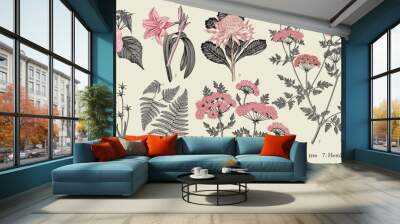 Botany. Set tropical exotic realistic isolated flowers. Amaryllis Waratah Hibiscus Wahlenbergia Fern Hemlock tree. Nature Australia victorian vintage retro. Drawing engraving. Vector Illustration Wall mural