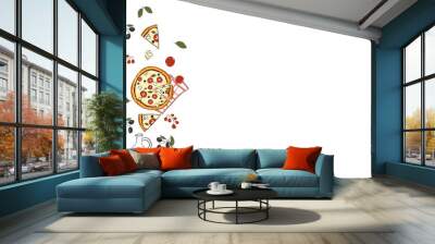 Pizza, olives , tomatoes, cheese . background. The illustration is drawn by hand with live lines. An illustration on the topic of food with a place for the text. Wall mural