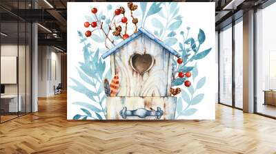 Empty wooden birdhouse with nest. Flowers for home comfort. Winter Christmas and Easter decor. Hand drawn watercolor illustration isolated on white background close-up Wall mural