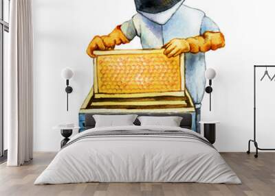 The beekeeper in the apiary takes out the honeycomb from the beehive. Hand drawn watercolor illustration isolated on white background Wall mural