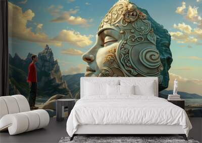 A man stands in front of a giant ornate stone face by the sea. Fantasy art Wall mural