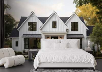 A new, white modern farmhouse with a dark shingled roof and black window frames. The bottom of the house has a light rock siding and covered front porch. Wall mural