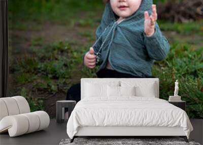 A boy on the shore in the green grass has a picnic Wall mural